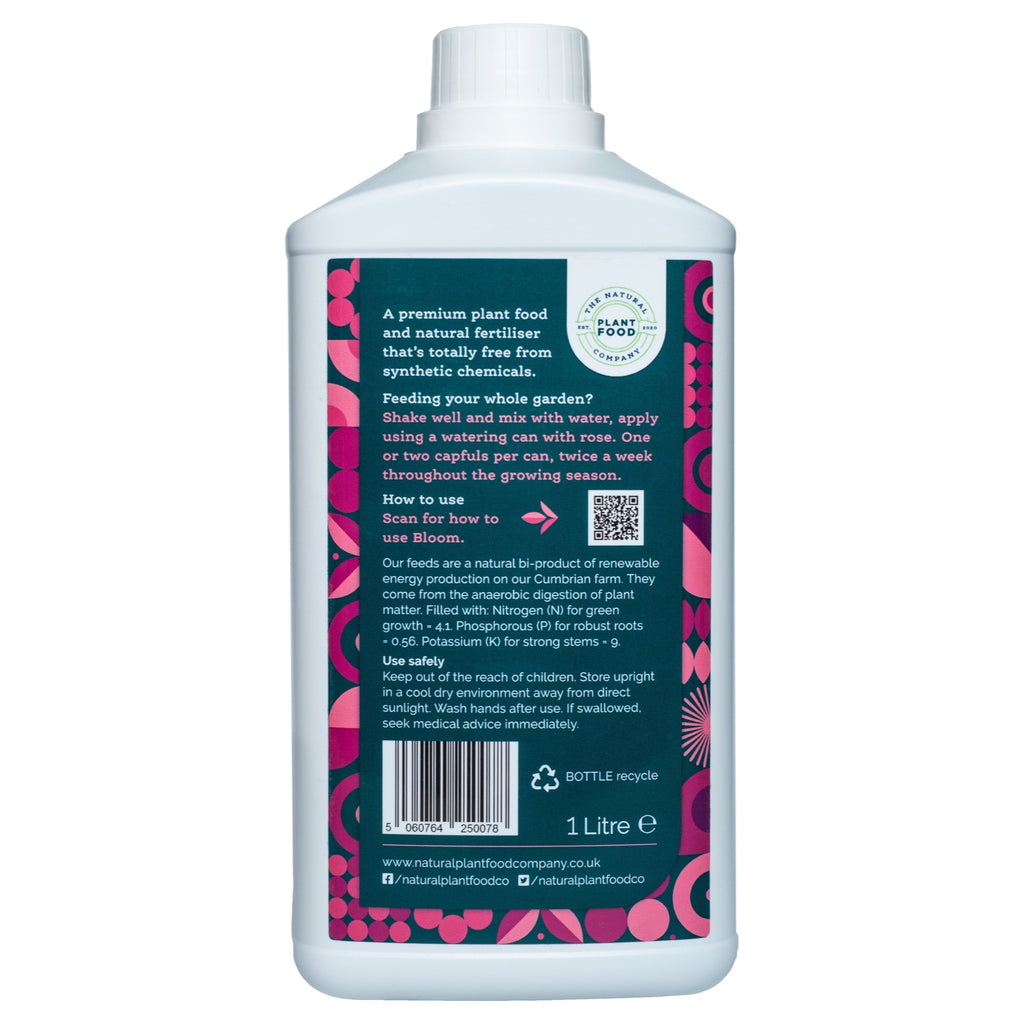 Back of the Bloom 1L bottle showing the how to use panel, safety notes and barcode