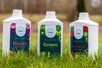 Bloom, Green and Beanstalk 1L bottles standing side by side on a lawn
