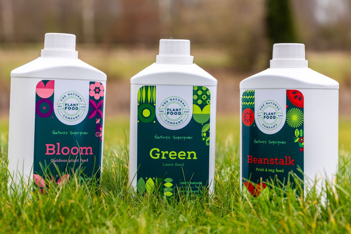 Bloom, Green and Beanstalk 1L bottles standing side by side on a lawn