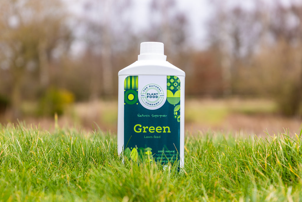 Green lawn feed 1L bottle standing in long grass, trees soft in the background