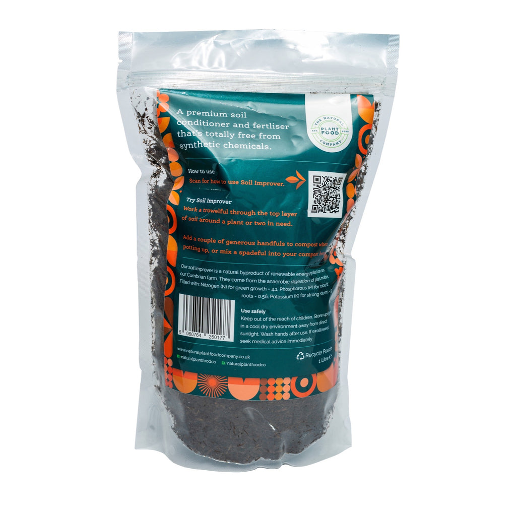 Back of the clear Soil Improver pouch showing the how to use panel, barcode and the soil inside