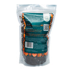 Back of the clear Soil Improver pouch showing the how to use panel, barcode and the soil inside