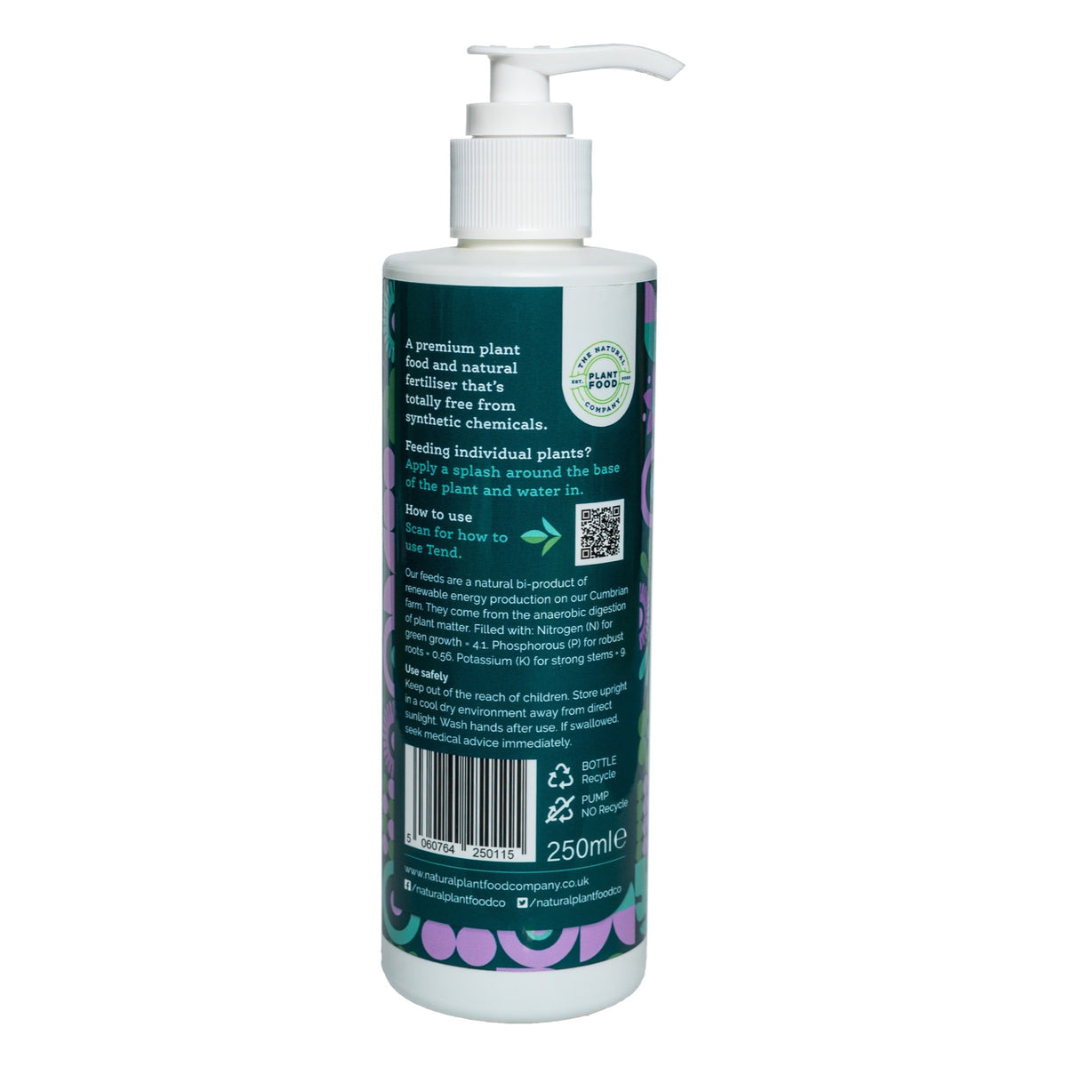 Back of the Tend 250ml pump bottle showing the how to use panel, safety notes and barcode
